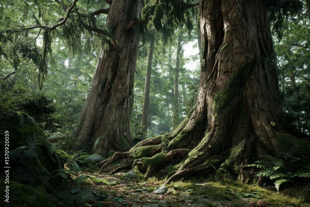 Obraz premium Photorealistic Ancient Forest with Giant Trees – Natural Scenic Landscape