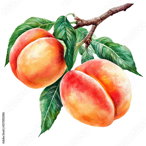 Two ripe peaches hang from a branch with green leaves isolated on transparent background