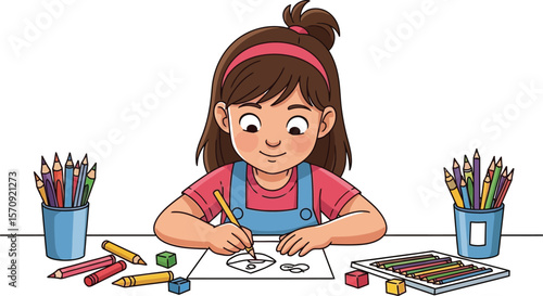 Illustration of a young girl drawing with colored pencils art and craft activity for kids and creative hobby