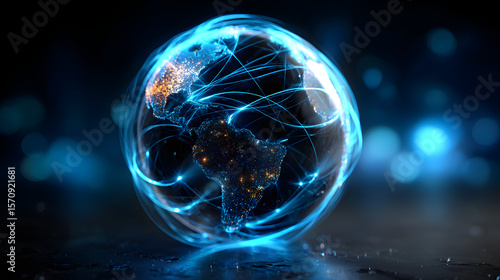 Floating holographic globe showing global networks, glowing data lines, clean minimal layout, 8K resolution, Adobe Stock style