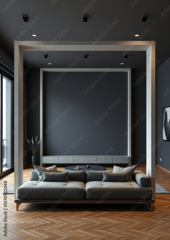 Fototapeta premium Frame mockup in modern dark home interior background generative ai Empty room interior design architecture blank design room