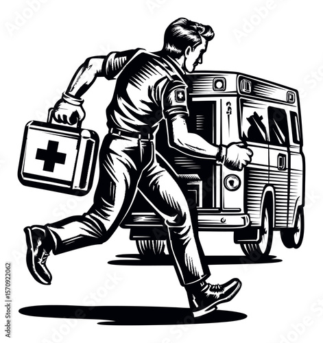 First Responder in Action with Medical Kit Near Ambulance Vehicle