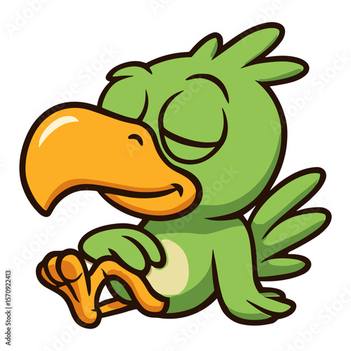 Cartoon green bird with big beak sleeping