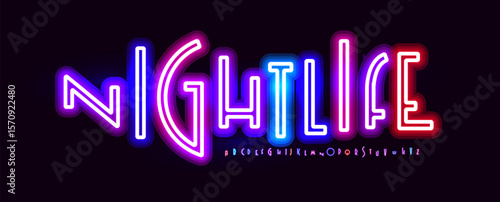 Multicolor neon alphabet, glowing retro letters, vibrant nightlife font for party sign, club banner, casino logo, digital headline, electric typography, luminous typographic design. Vector typeset.
