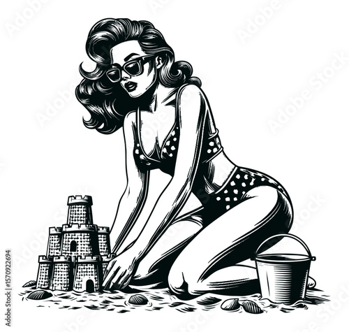 Vintage Style Illustration of a Woman in Swimsuit Building Sandcastle