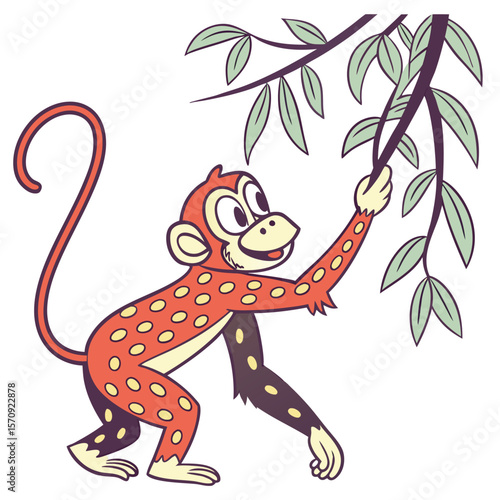 Cartoon monkey with red fur and yellow spots is reaching for green leaves