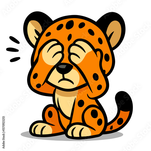 Distressed cartoon leopard mascot covers face with paws sadly