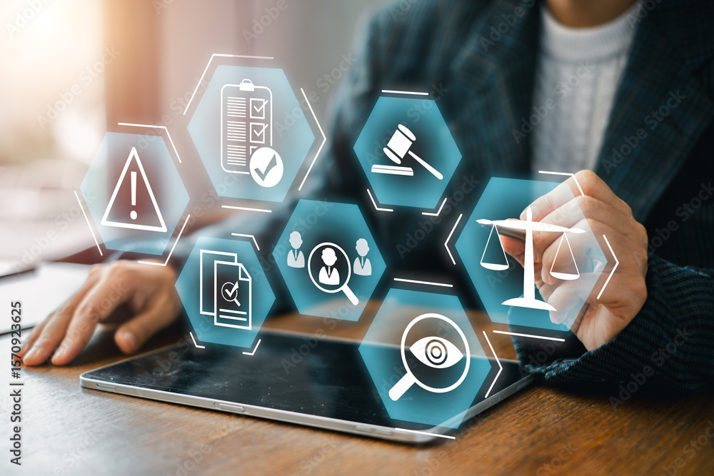 Naklejka premium Visual representation of compliance with icons symbolizing legal and regulatory standards on a digital interface.