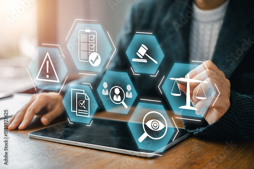 Visual representation of compliance with icons symbolizing legal and regulatory standards on a digital interface.
