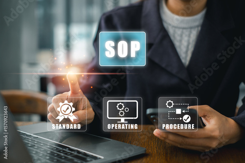Visual representation of SOP concept with digital icons for standard, operating, and procedure in a business environment.