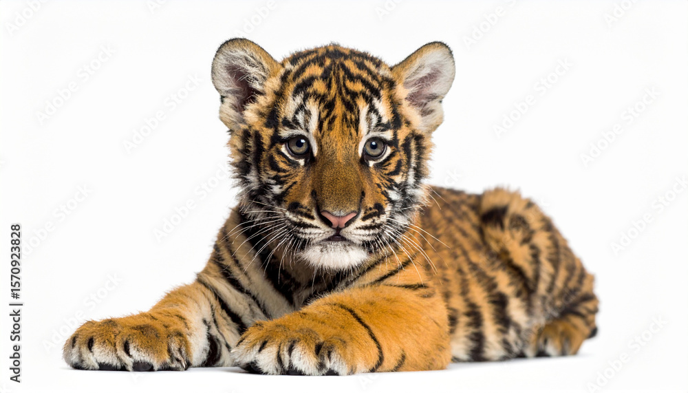 Obraz premium a young cat rests against a stark backdrop. the animal has bright eyes that stare directly forward. dark stripes mark its orange and tan fur, giving it a distinct pattern