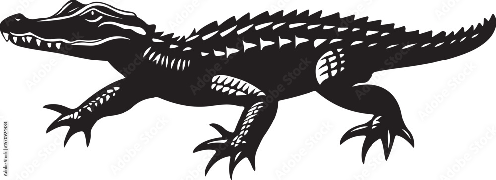 Fototapeta premium Black and white drawing of a stylized alligator lurking in the waters 