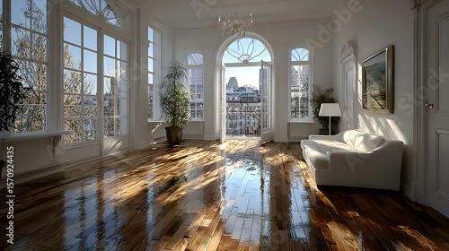 Quietly inviting empty room flooded with sunlight, pristine white walls, and polished wooden floorboards