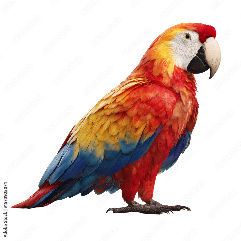 Fototapeta premium Extraordinary macaw with fiery red head on transparent background