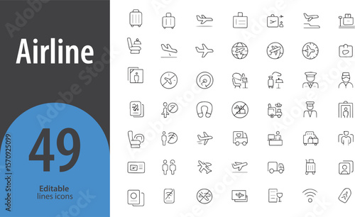 Airline Line Icons, Airplane, Boarding Pass, Flight Ticket, Cabin Crew, Baggage Claim, Editable Formats: AI, EPS, PNG, JPG, Ideal for Both Digital and Print Use
