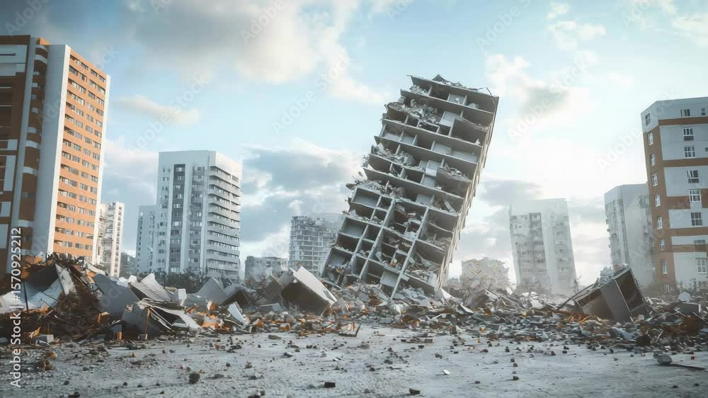 Realistic animation depicting the aftermath of a powerful earthquake, showing collapsing buildings, scattered debris, and a devastated cityscape under a cloudy sky