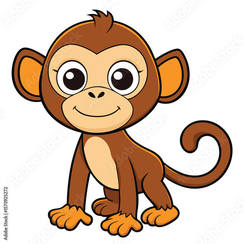 Friendly little cartoon monkey with big eyes smiles adorably at the viewer