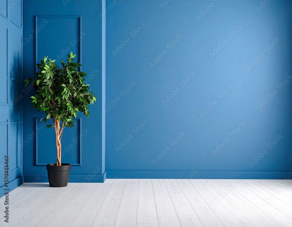 Fototapeta premium Modern Room Corner with Contrasting Blue Walls and Potted Plant