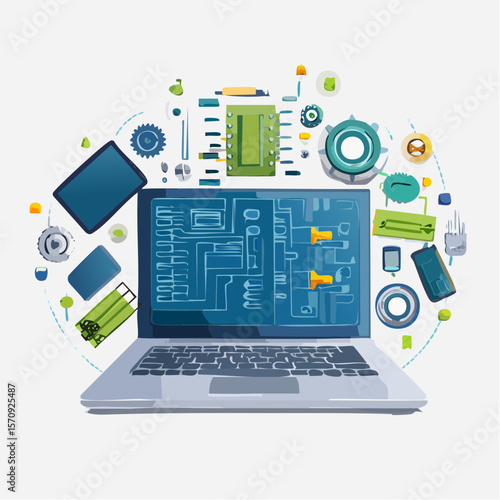 Laptop Components and Technology Vector Illustration of Circuit Board, Gears, and Devices