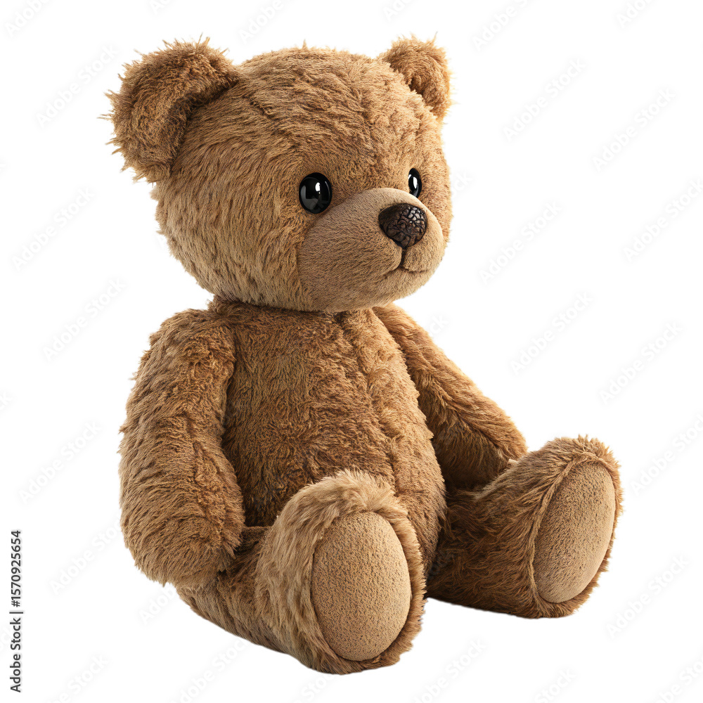 Fototapeta premium Soft brown teddy bear plush toy sitting upright, adorable stuffed animal isolated on transparent background