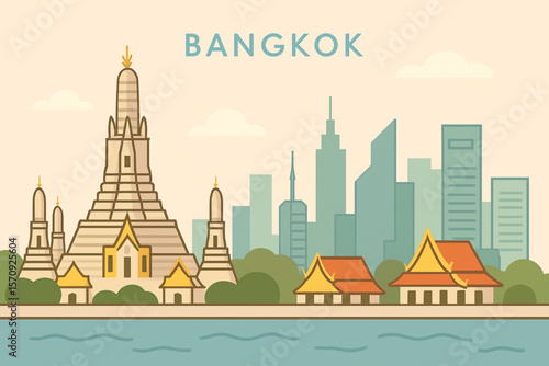 A stylish illustration of Bangkok's unique blend of traditional temples and contemporary city architecture along the river.
