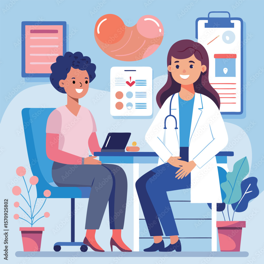 Fototapeta premium Professional healthcare team: smiling doctors and nurses in a hospital clinic, using stethoscopes and computers for patient consultation and medical care