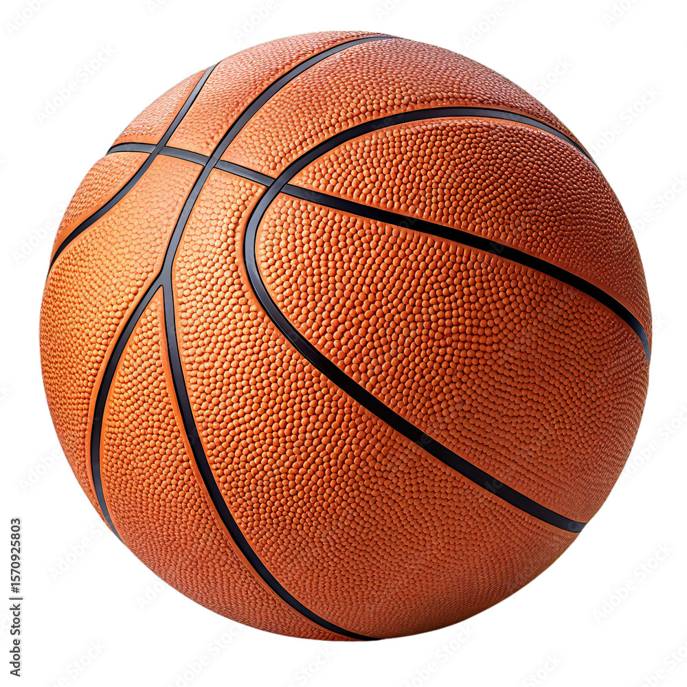 Fototapeta premium Standard orange basketball with textured pebble surface and black lines isolated on transparent background