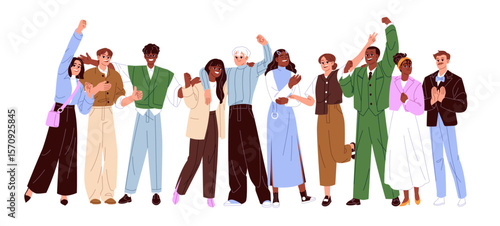 International team celebrates business success. Group of colleagues is happy about win. Employees rejoice at victory, hands up, cuddle together. Flat isolated vector illustration on white background