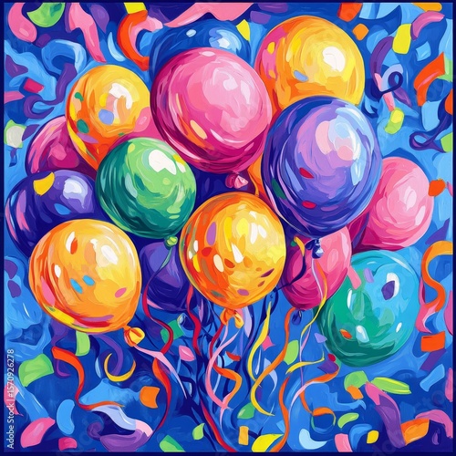 Vibrant birthday card design featuring multicolored balloons. Confetti and curling streamers to enhance party decorations for children's holidays and events, Generative AI