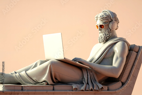 Modern Greek Marble Statue with Headphones and Laptop – Conceptual Business Illustration on Pastel Background Greek sculpture using computer laptop statue art.