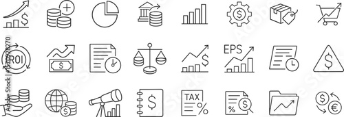 Finance and Accounting Line Icons for Business and Investment Concepts. Includes ROI, tax, currency exchange, sales, report, stock performance, and currency exchange vector illustration set.