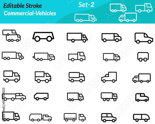 A commercial vehicles icon set includes vector illustrations of transport and delivery vehicles such as trucks cargo vans buses forklifts trailers and delivery scooters. Ideal for logistics companies 