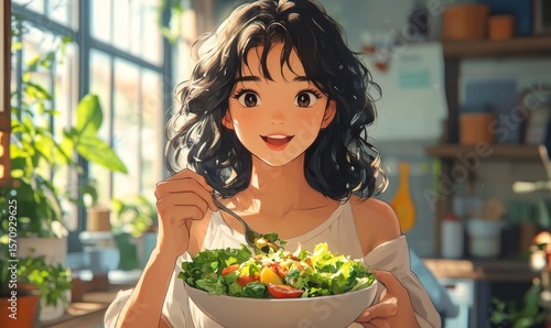 Happy young healthy mixed-race woman eating a salad lunch bowl at home on her lunch break. Healthy eating macronutrients for better mental health and to destress from work, Generative AI