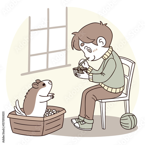 A boy sitting on a chair eating from a bowl with a hamster in a box looking up at him near a window