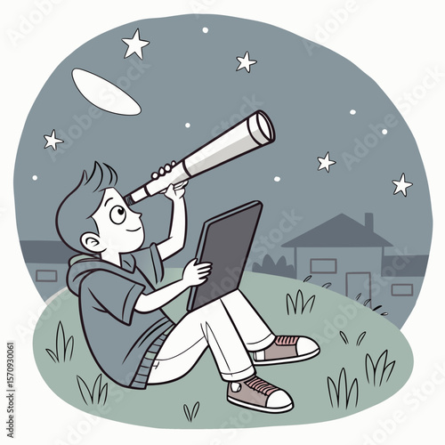 A boy sits on a hill at night looking through a telescope at the stars and moon with a house nearby