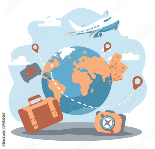 Travel Adventure Concept with Globe, Luggage and Airplane in Vector Cartoon Style