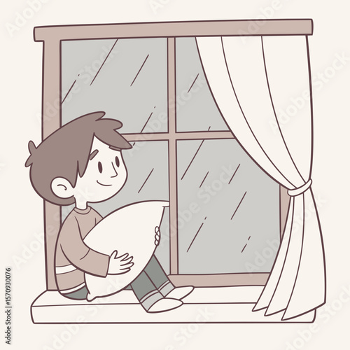 Boy sitting on a window sill holding a pillow looking out at the rain with a curtain on the side
