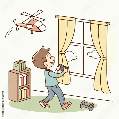 A boy playing with a remote control helicopter next to a window with curtains and a bookcase inside