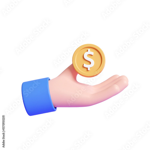 Coin in Hand: A 3D rendered image of a hand, presenting a single gold coin, highlighting the concept of wealth, value, and financial transaction.