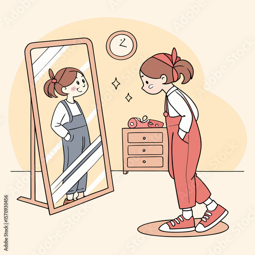 Illustration of a girl in overalls looking at her reflection in a mirror with a clock and dresser nearby