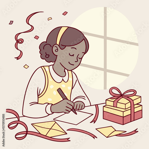 Girl writing a letter at a table with gifts and ribbons, in a room with a round window behind her