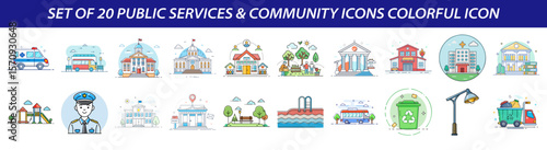 Set of Public Services and Community Icons - Flat Line Style