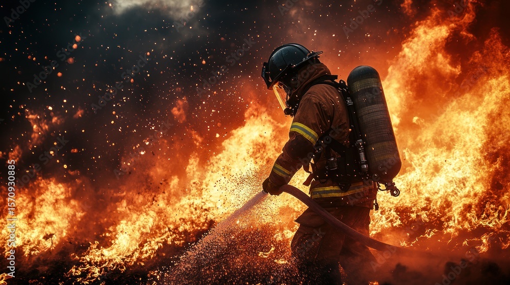 Fototapeta premium Firefighter battling raging blaze