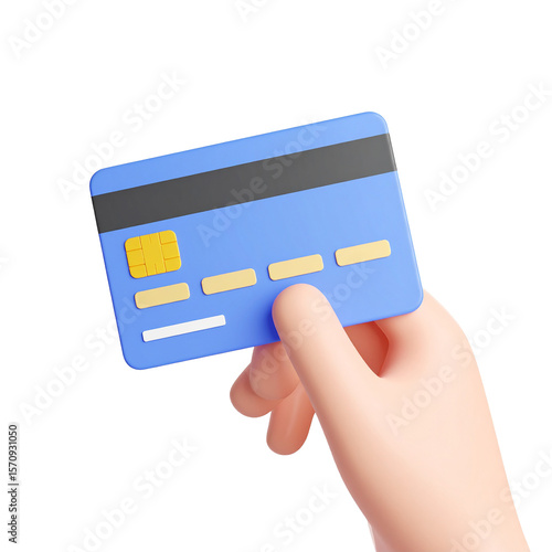 Digital Payment at Hand: A clean, 3D rendering of a blue credit card held in a cartoon hand, symbolizing modern transactions and easy payment options.