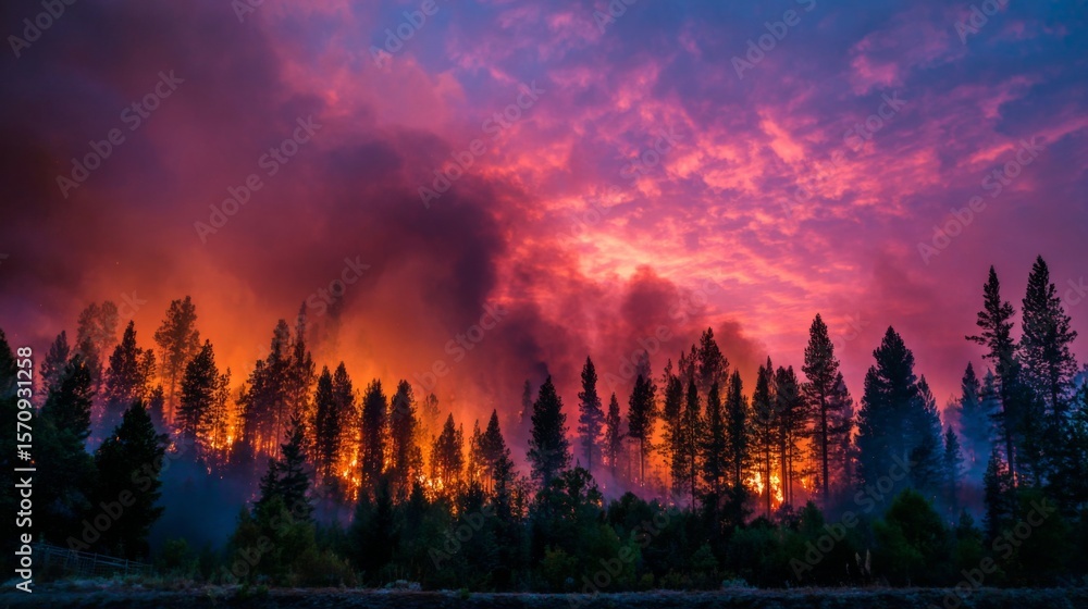 Obraz premium A forest engulfed in flames, with billowing smoke rising into the sky, representing the increasing frequency of wildfires due to global warming