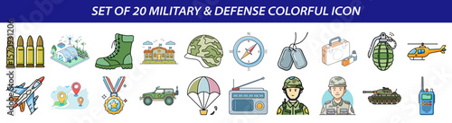 Set of 20 Colorful Military & Defense Vector Icons