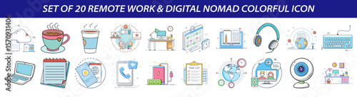 Set of Remote Work and Digital Nomad Colorful Icons