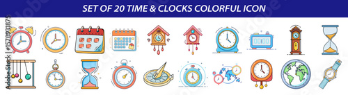 Set of Time and Clocks Colorful Icons