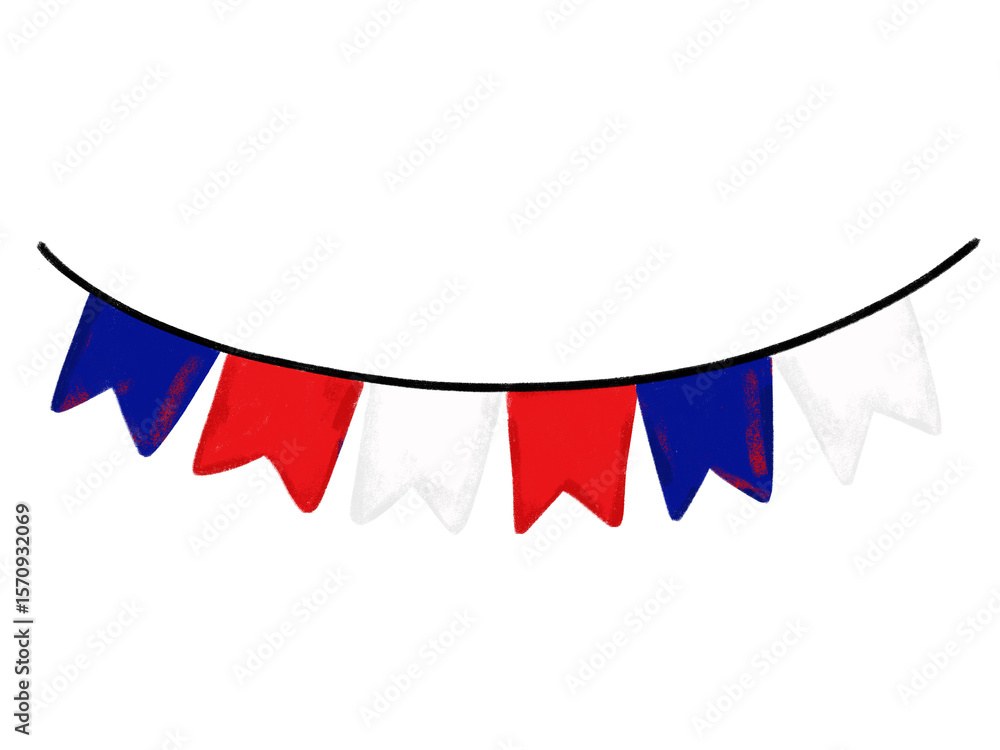Obraz premium Set collection of Cute hand drawn happy 14th 14 july France bastille independence day bunting flag garland blue navy red crayon watercolor brush grunge theme doodle kids illustration design clipart