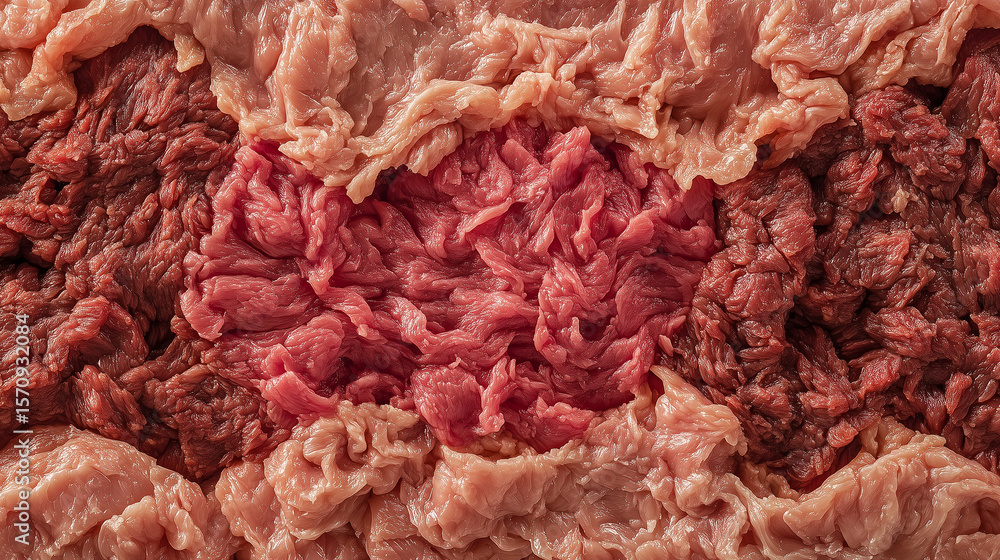 Obraz premium A fractal pattern of carcinogenic warning labels crafted from processed meat textures, forming an infinite loop. ﻿
